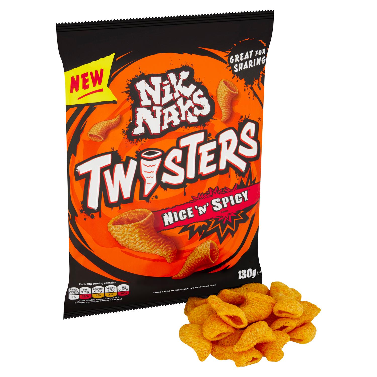 Nik Naks Twisters Nice N Spicy sharing crisps 130g, imported from the UK