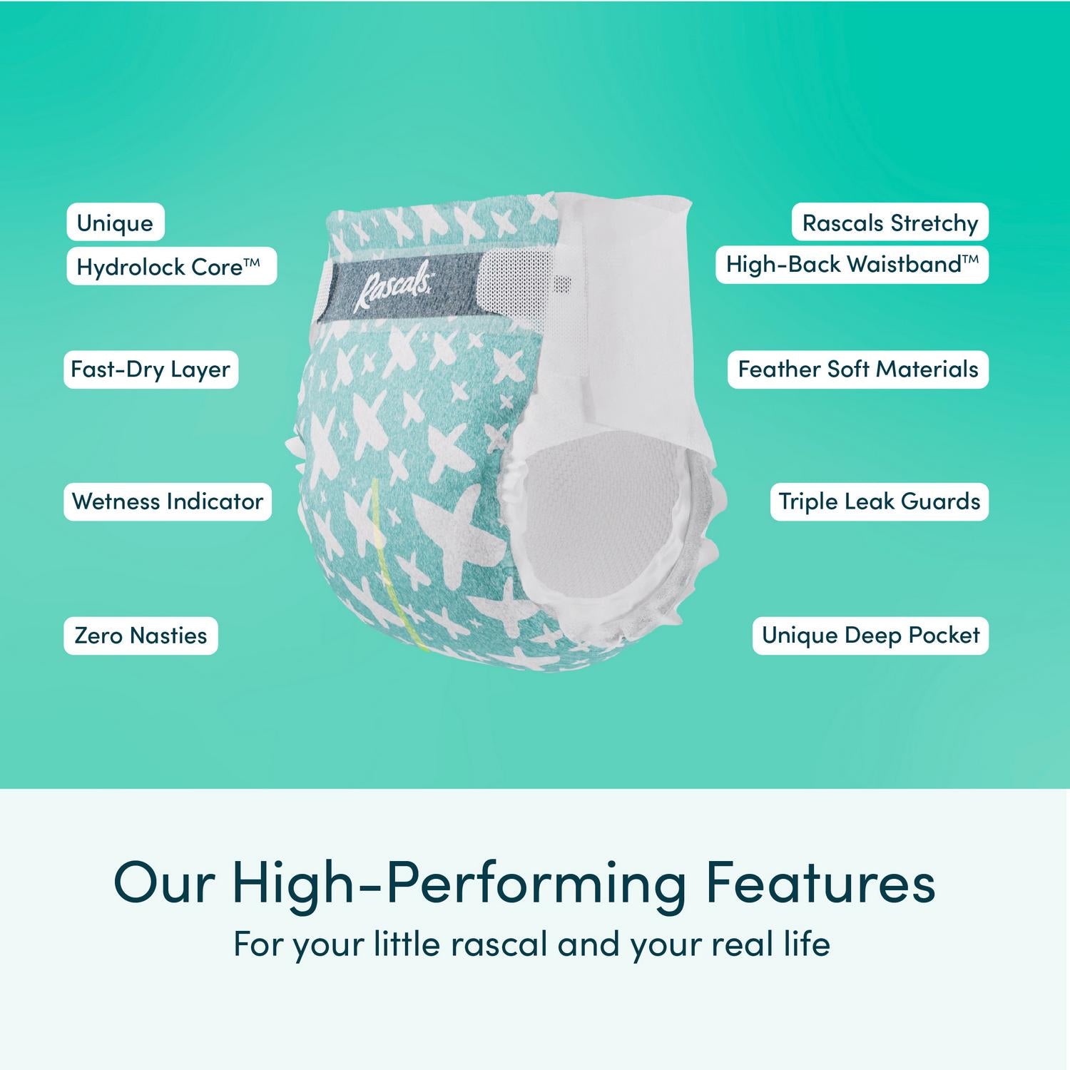 Rascals Premium Nappies Size 3 44 Pack, imported from the UK