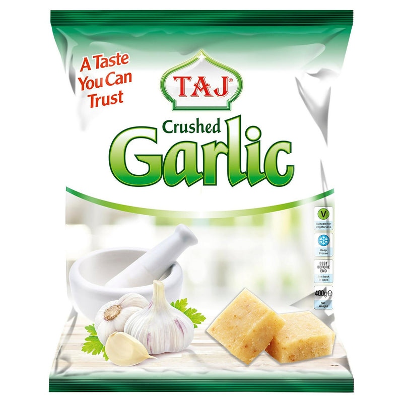 Taj Crushed Garlic 400g product pack (British brand)