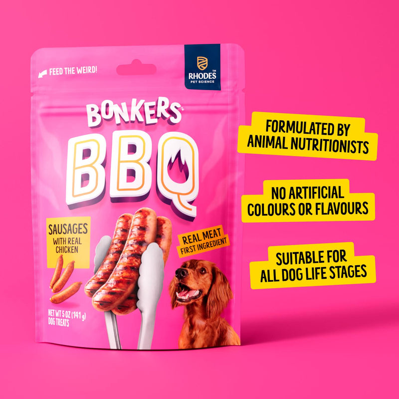 Bonkers BBQ chicken sausage dog treats 85g - British product