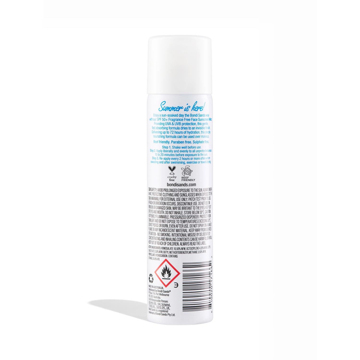 Bondi Sands Face SPF 50+ Fragrance Free Sunscreen Mist 79ml (British brand)