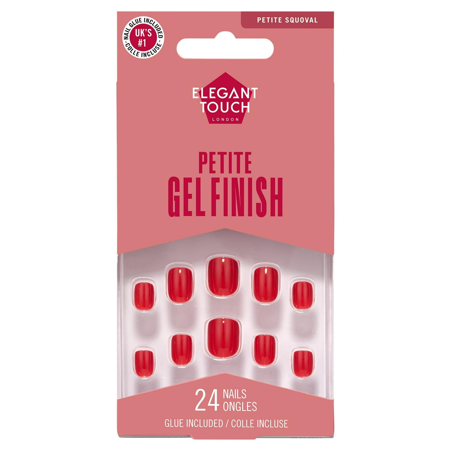 Petite Squoval Gel Finish False Nails in Red Rose, 24 Pieces with Nail Glue