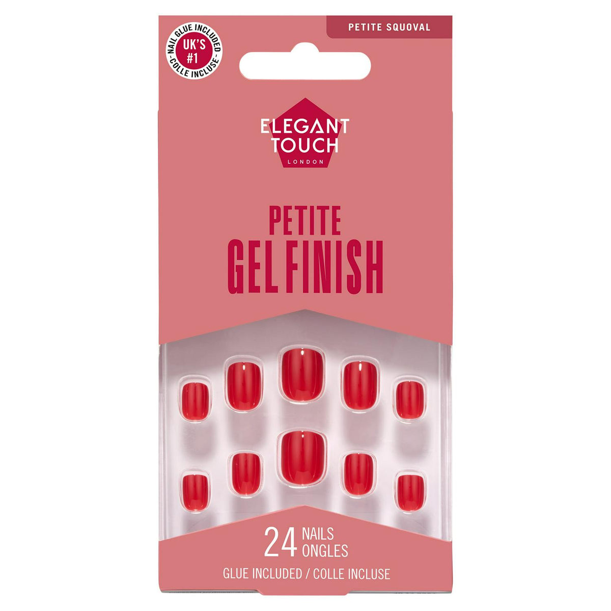 Petite Squoval Gel Finish False Nails in Red Rose, 24 Pieces with Nail Glue
