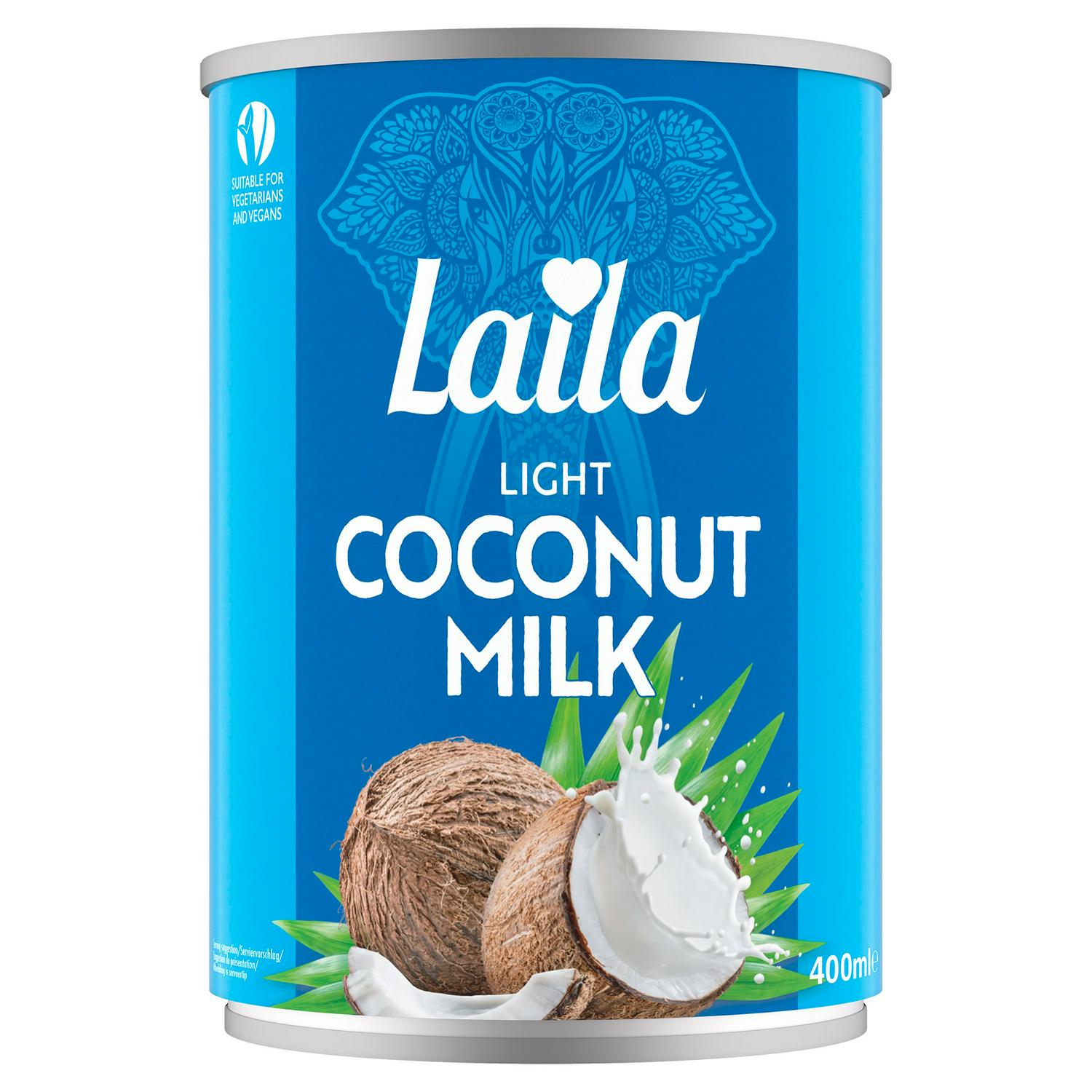 Laila light coconut milk 400ml bottle packaging, UK version