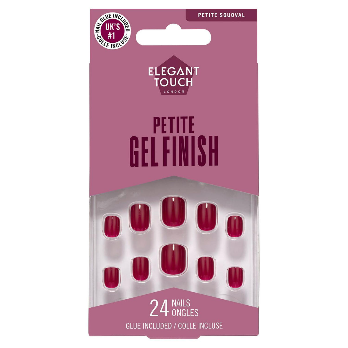 Petite Gel Finish Artificial Nails in Cherry Wine with Glue, 24 Pack