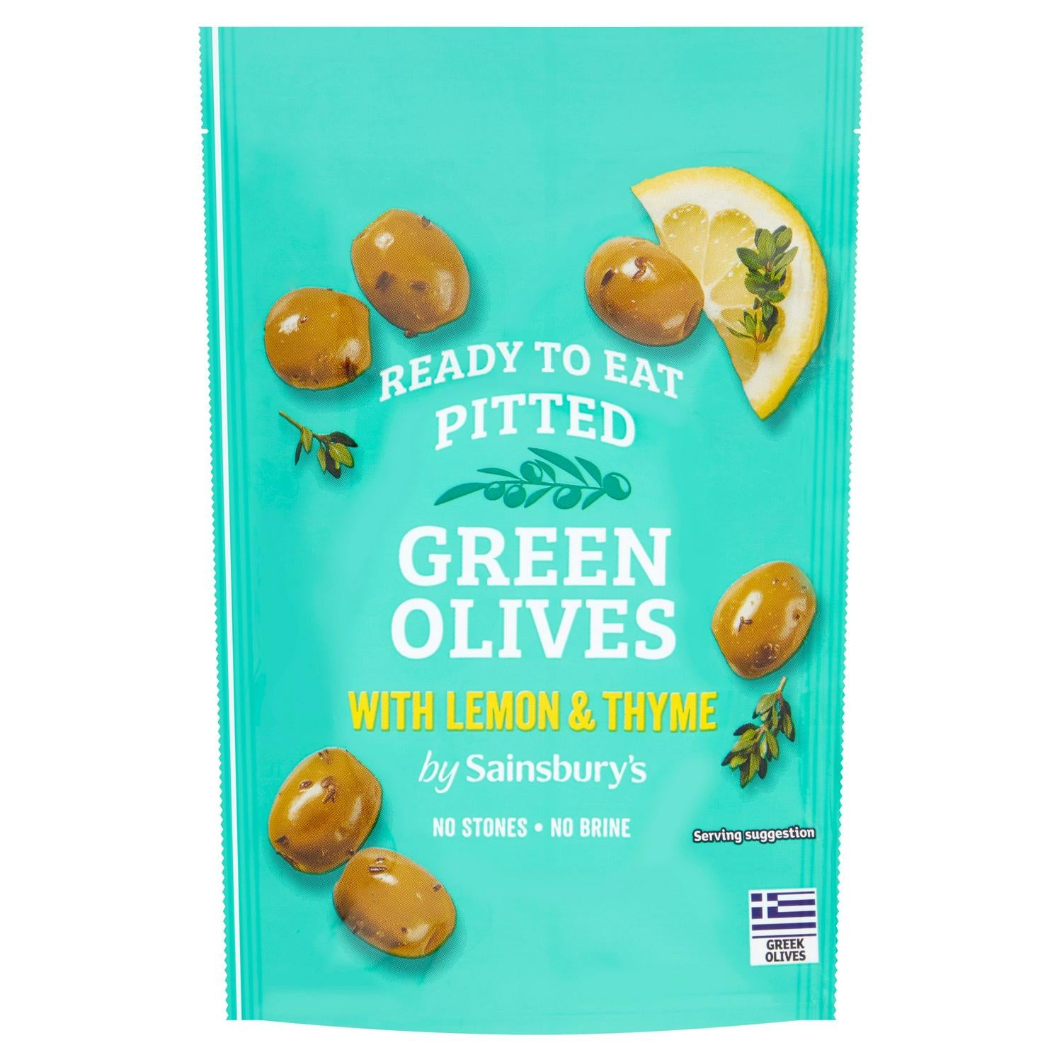 Sainsbury's Greek green olives with lemon thyme 70g (British brand)