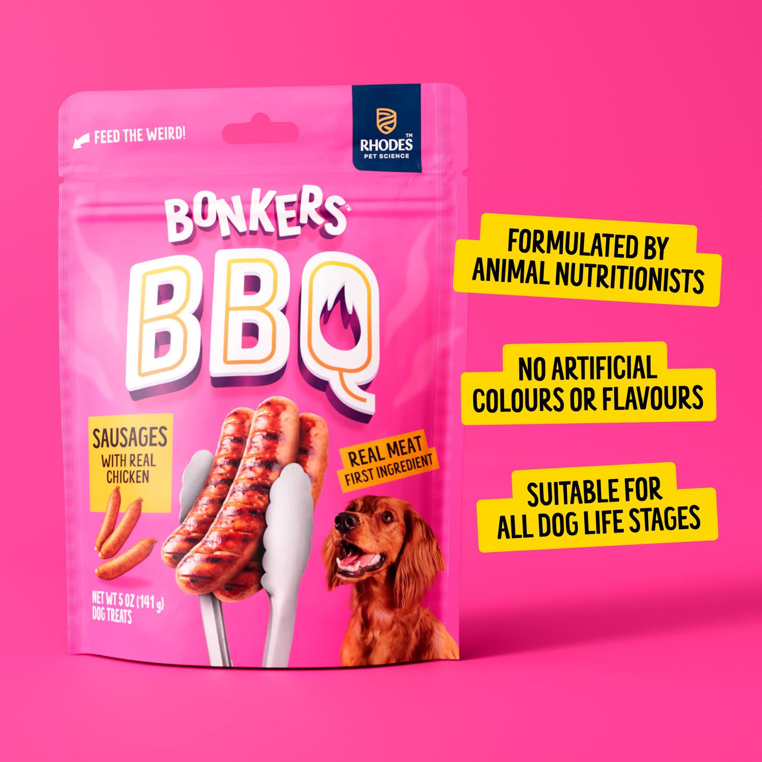 Bonkers BBQ chicken sausage dog treats 85g - British product