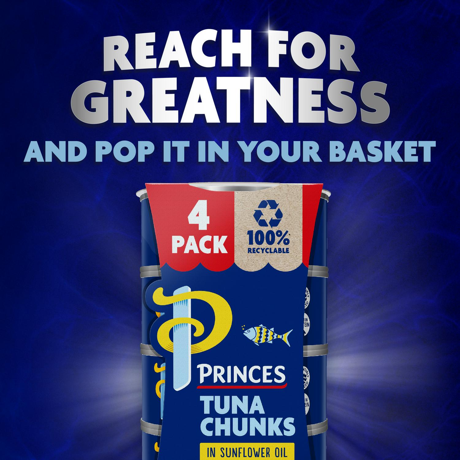 Princes tuna chunks in sunflower oil 4x145g tins, imported from the UK
