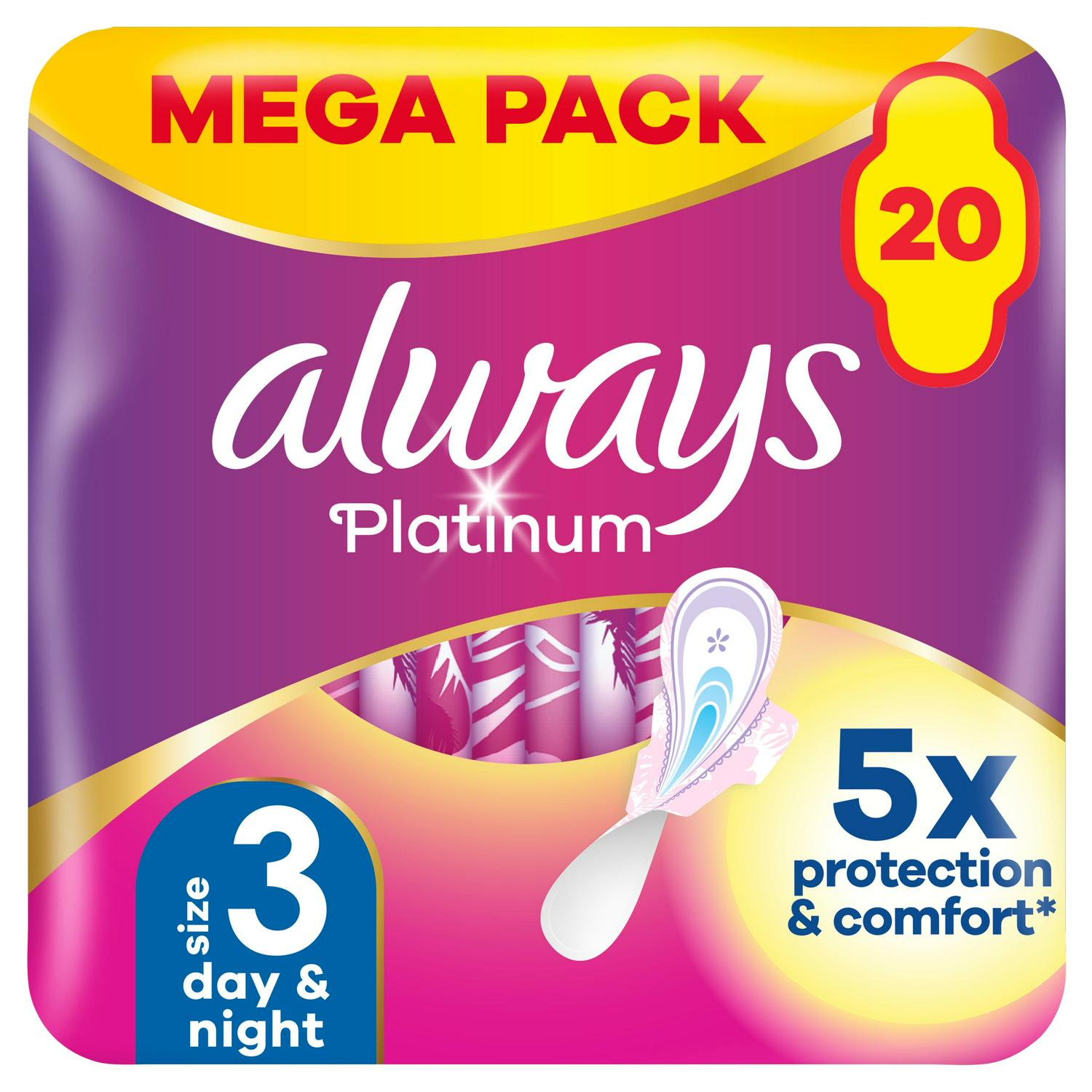Always Platinum Day & Night Size 3 Sanitary Towels With Wings Pads x18