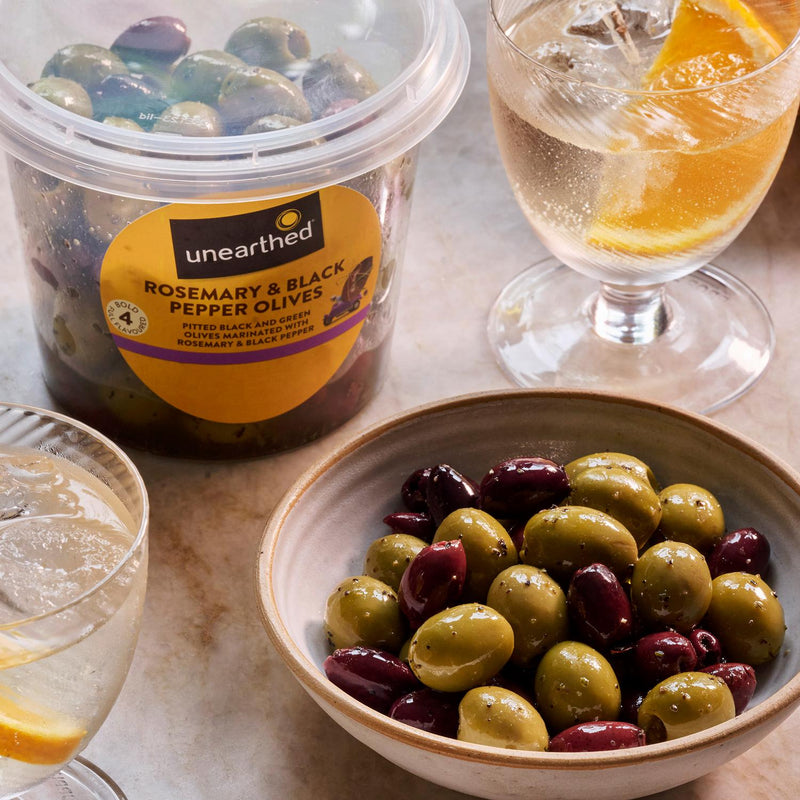 Unearthed rosemary and black pepper olives 342g (British brand)