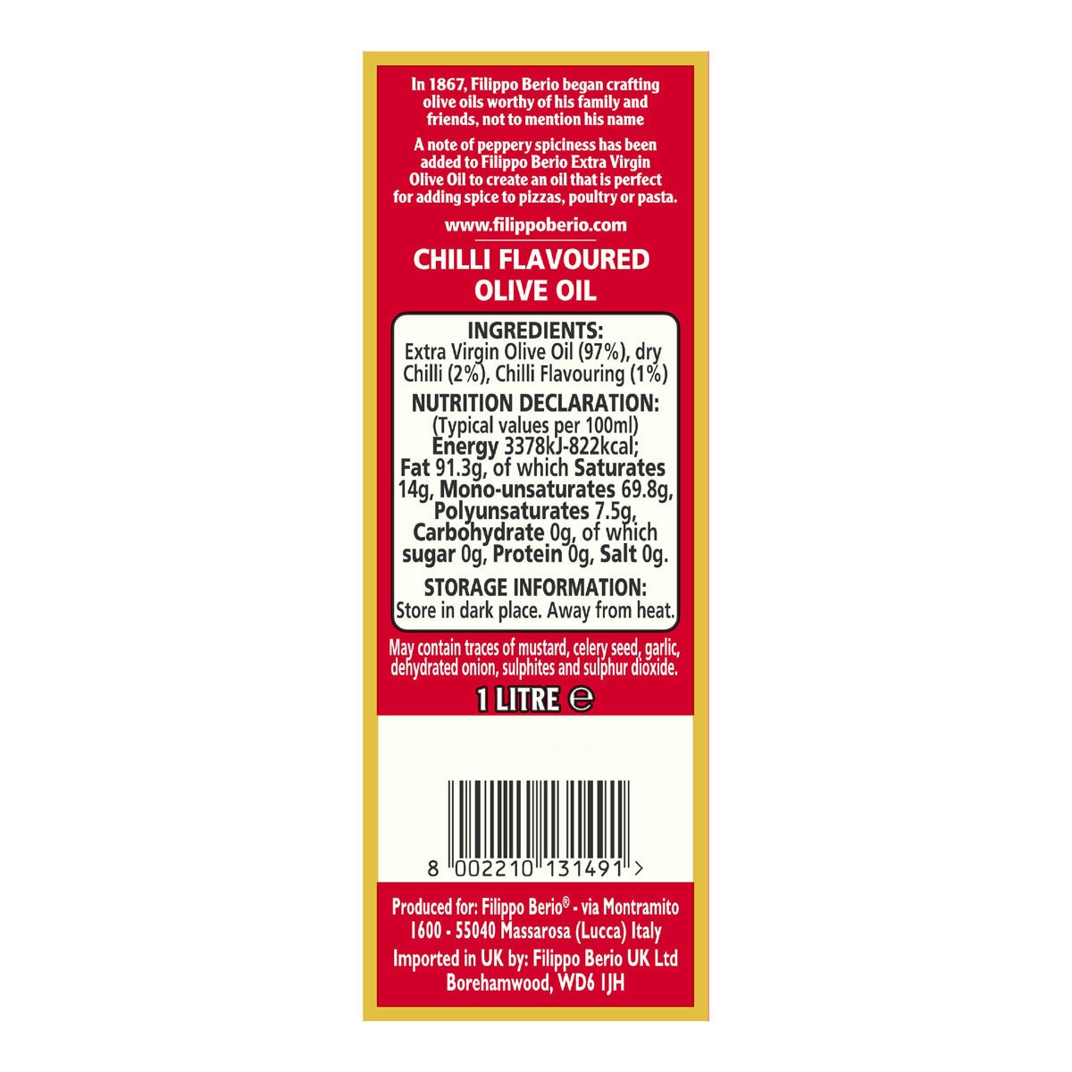 Filippo Berio chilli olive oil 1L, imported from the UK