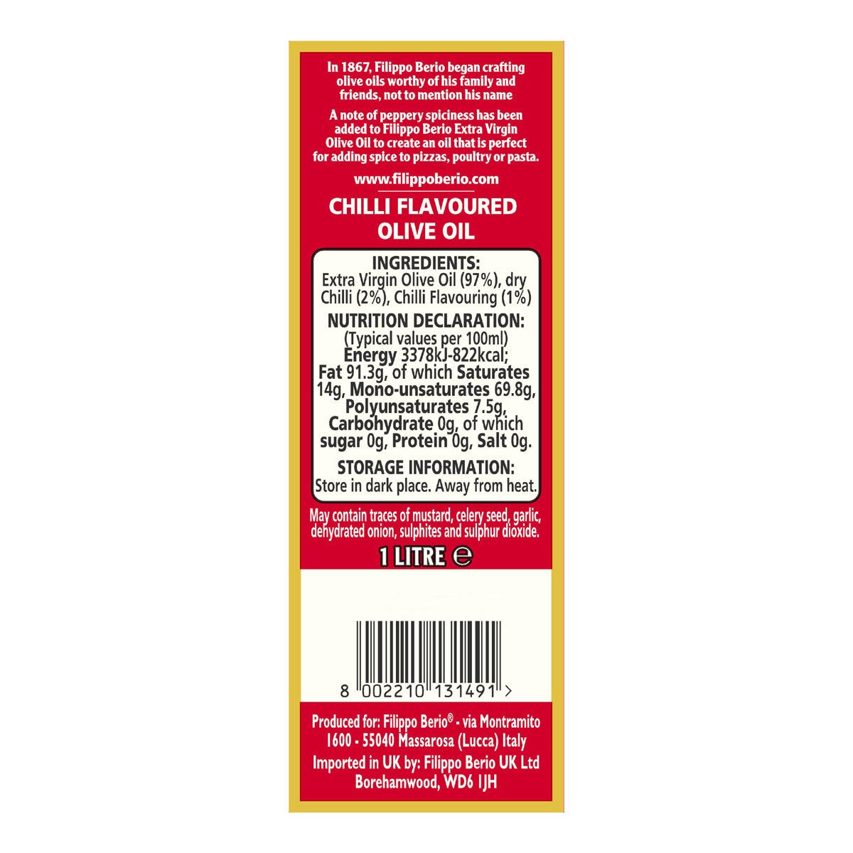Filippo Berio chilli olive oil 1L, imported from the UK