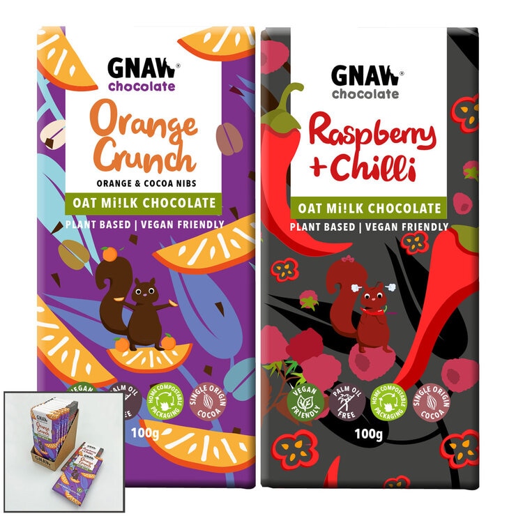 Gnaw Orange Crunch and Raspberry Chilli Oat Milk Chocolate Bars 12 x 100g