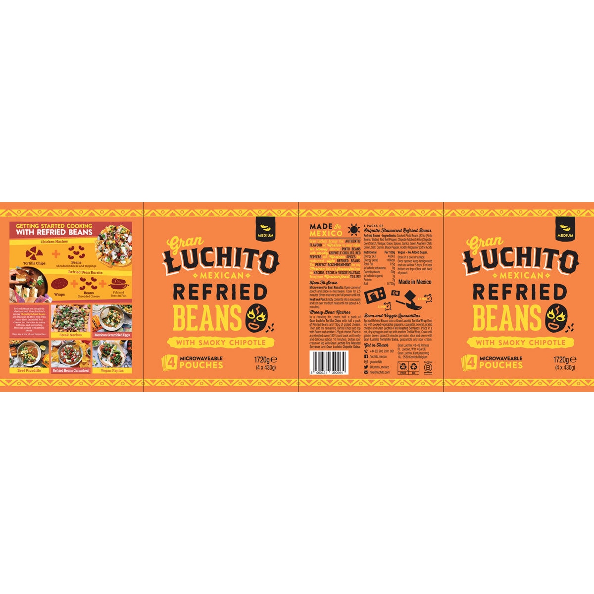 Gran Luchito Refried Beans Smoky Chipotle 4 x 430g, UK Version