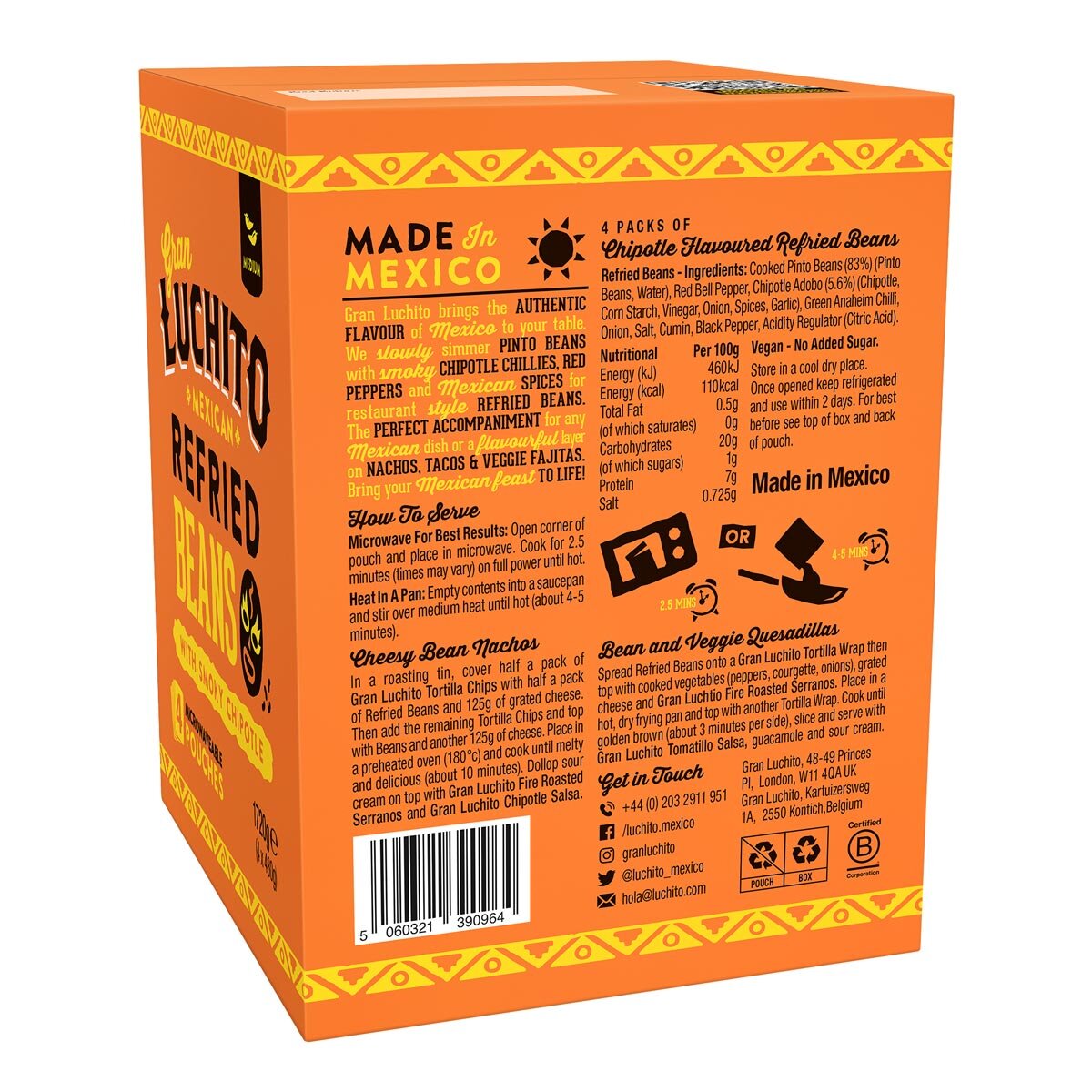 Gran Luchito Refried Beans Smoky Chipotle 4 x 430g, UK Version
