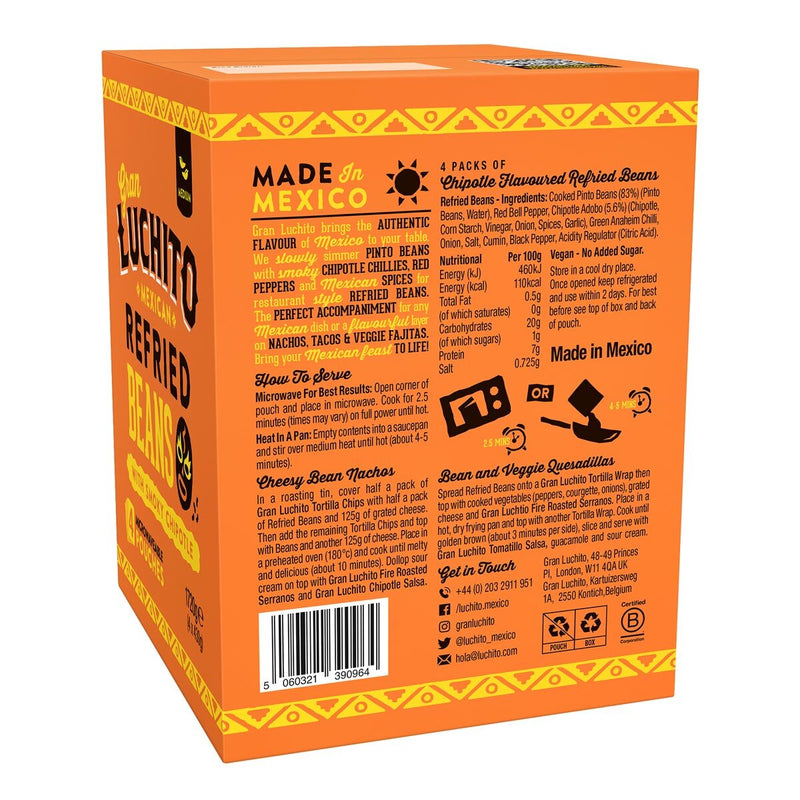 Gran Luchito Refried Beans Smoky Chipotle 4 x 430g, UK Version