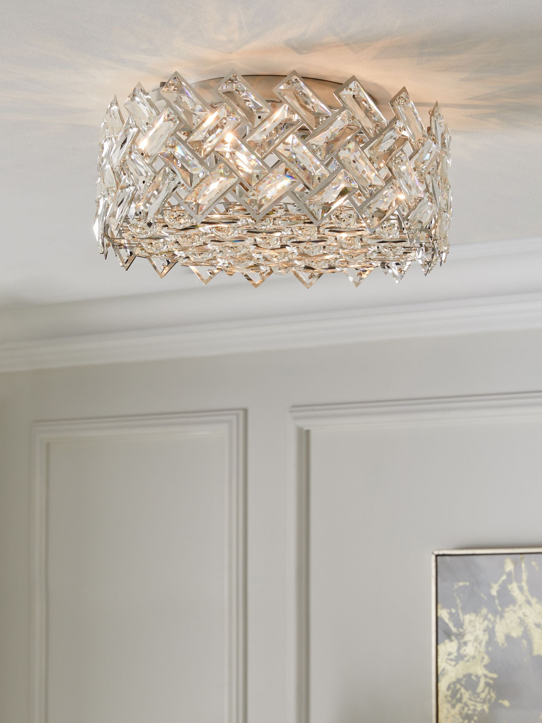 Wentworth flush ceiling light with glass crystals, polished chrome (British brand)