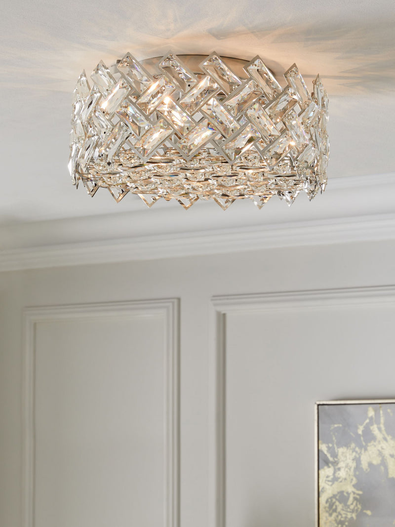 Wentworth flush ceiling light with glass crystals, polished chrome (British brand)