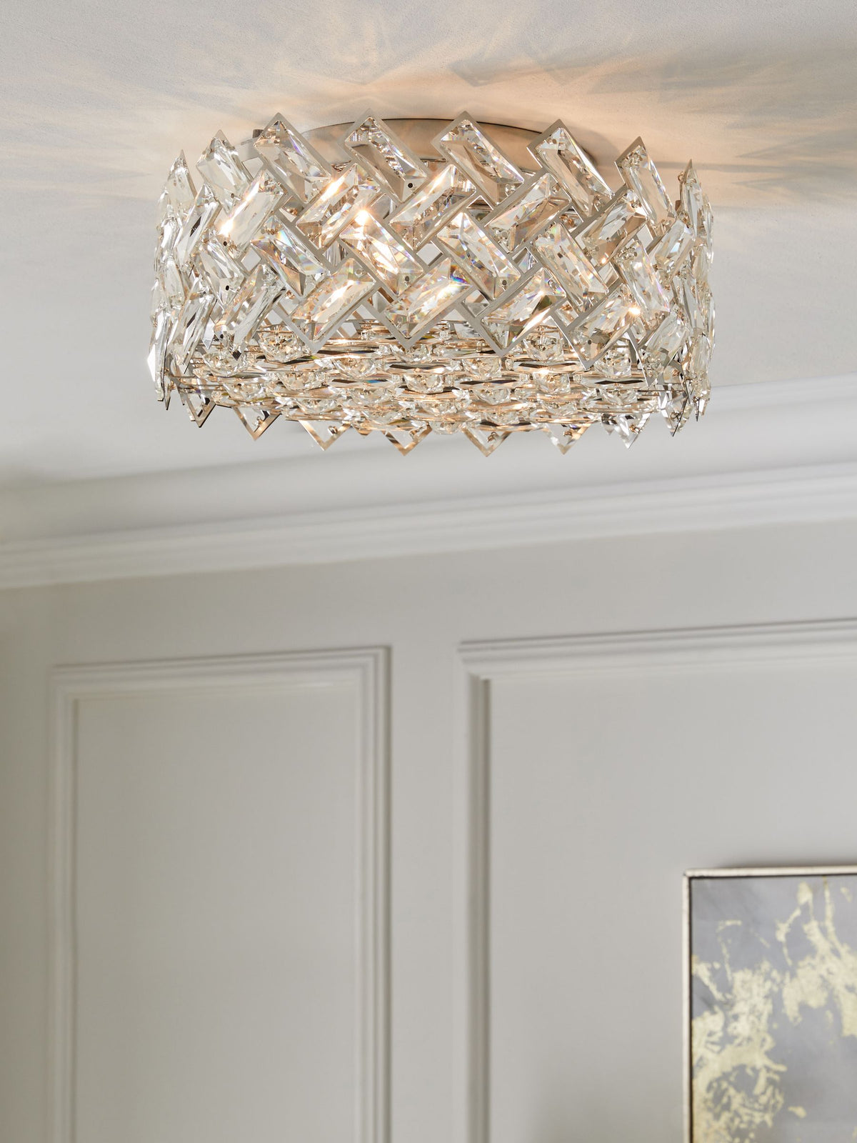 Wentworth flush ceiling light with glass crystals, polished chrome (British brand)