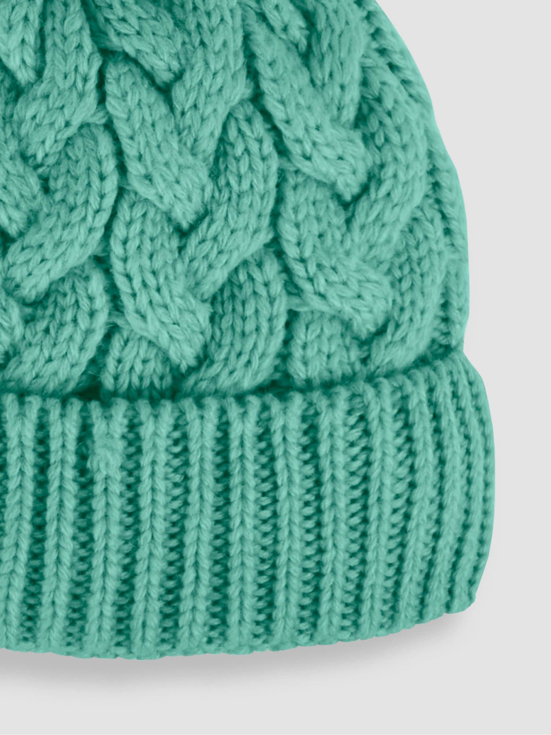 JoJo Maman Bébé green chunky cable knit pom pom hat (British brand)