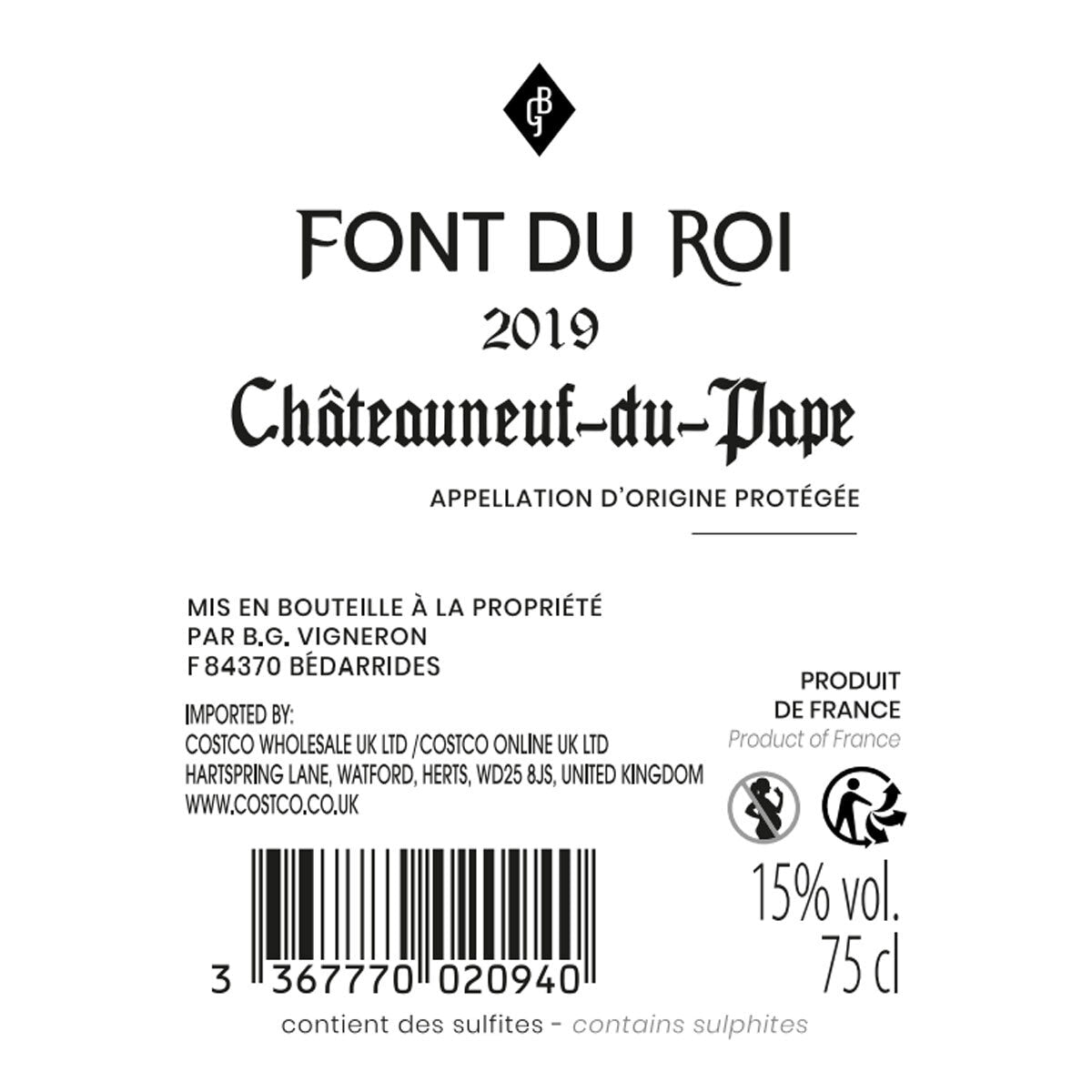 Châteauneuf du Pape Font du Roi red wine 75cl - British product