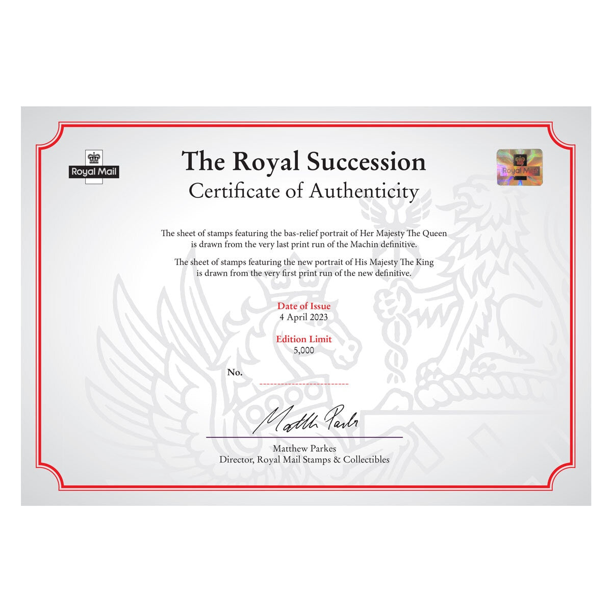 Royal Mail Royal Succession mint stamp sheets folder, imported from the UK