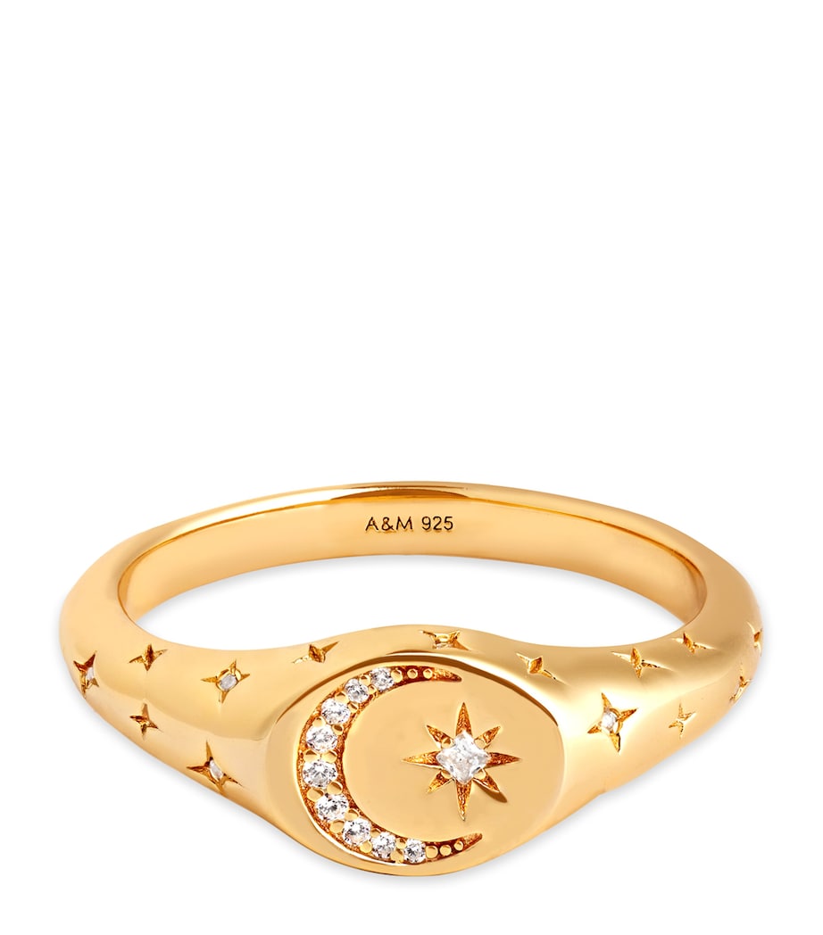 Astrid & Miyu gold-plated sterling silver signet ring with cubic zirconia celestial design - British product