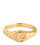 Astrid & Miyu gold-plated sterling silver signet ring with cubic zirconia celestial design - British product