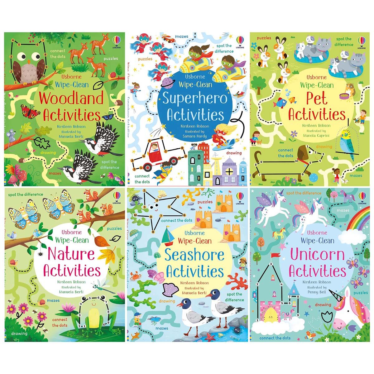 Set of 6 wipe-clean activity books for kids (British brand)