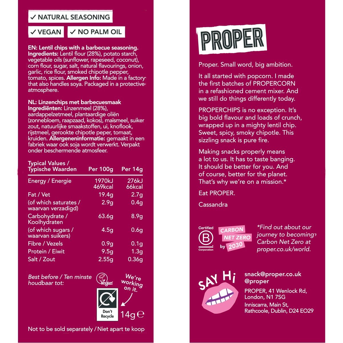 Proper Chips BBQ and Salt & Vinegar crisps 32x14g, imported from the UK