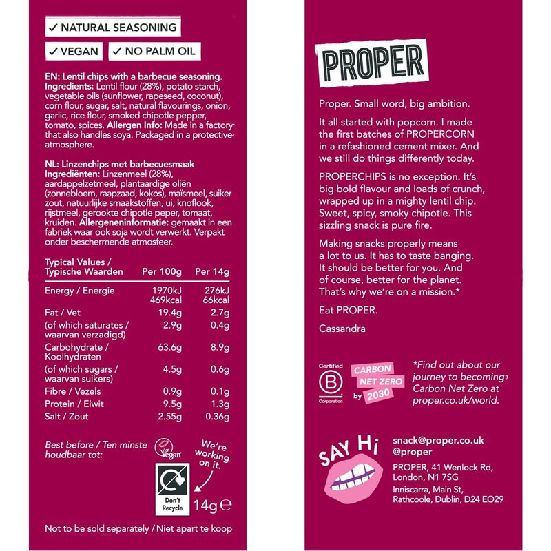 Proper Chips BBQ and Salt & Vinegar crisps 32x14g, imported from the UK