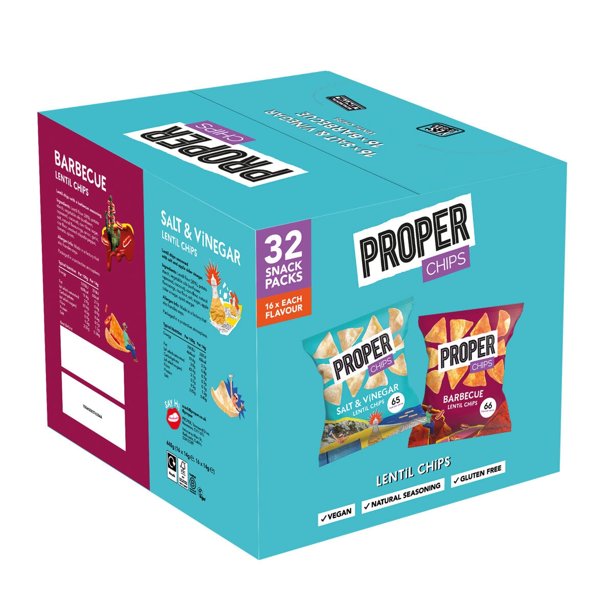 Proper Chips BBQ and Salt & Vinegar crisps 32x14g, imported from the UK