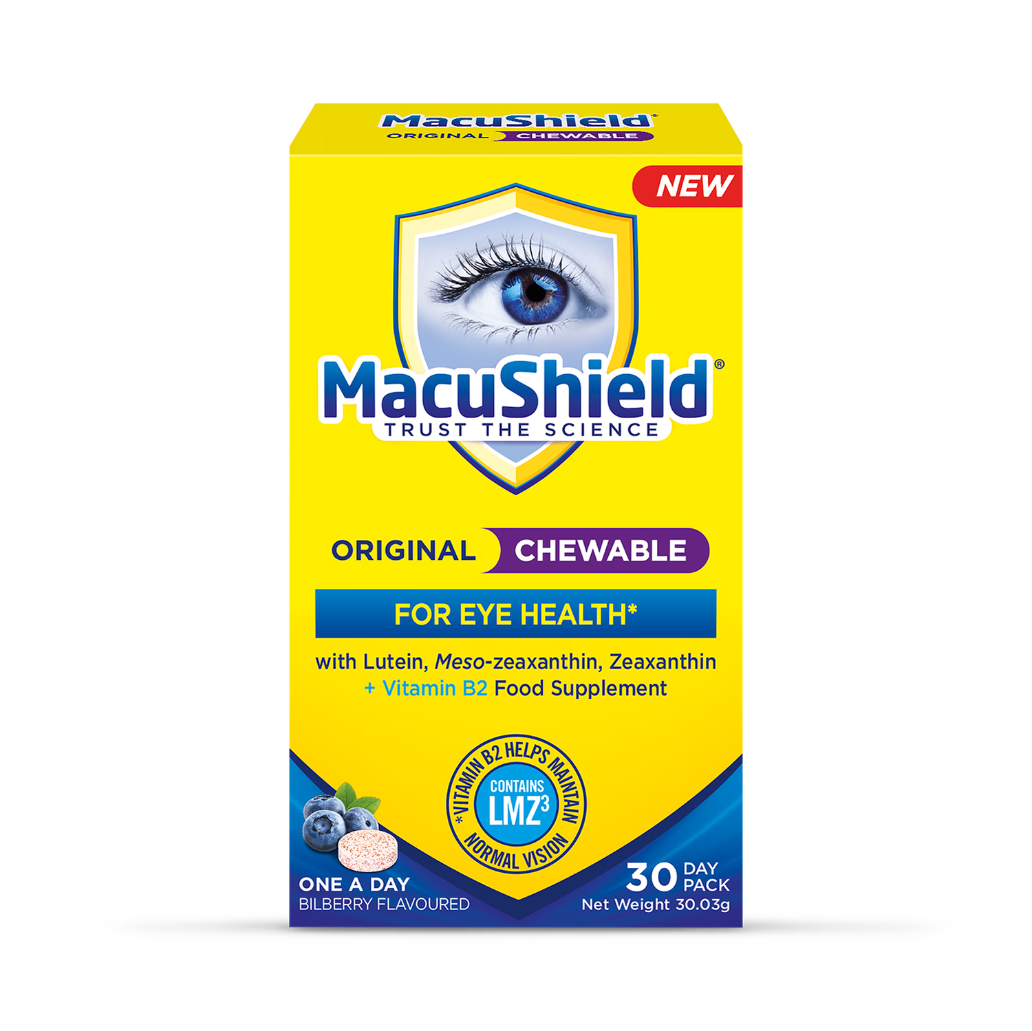 Chewable Eye Health Supplement with Lutein, Zeaxanthin, and Vitamin B2, Bilberry Flavour, 30 Tablets