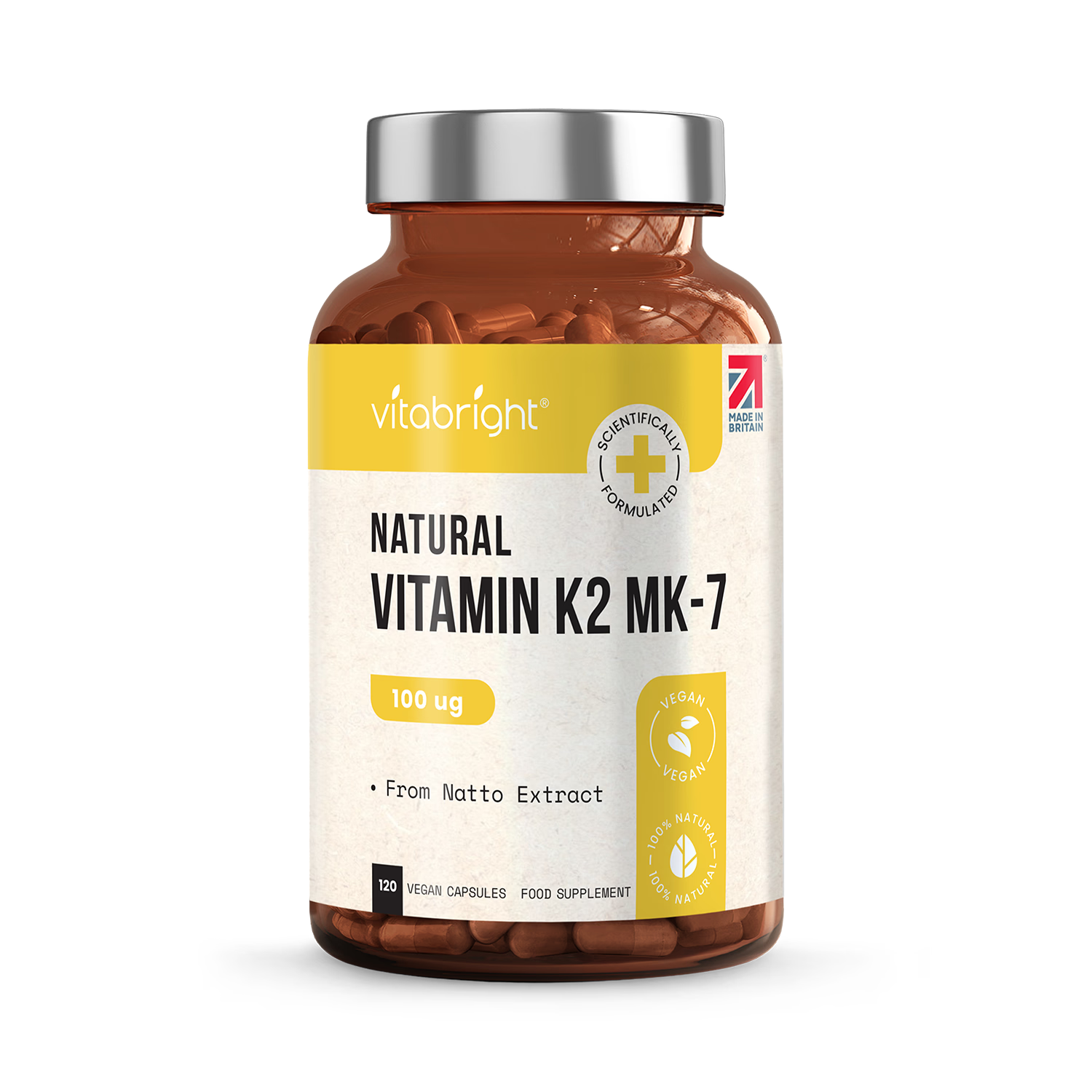 VitaBright Vitamin K2 MK7 supplement 100mcg 120 capsules, imported from the UK