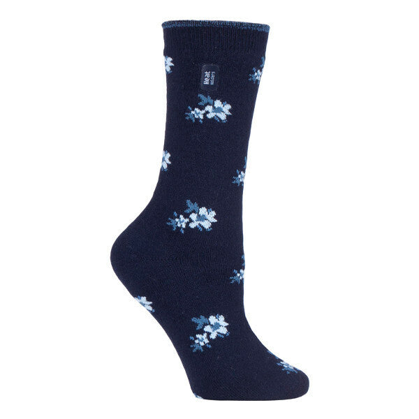 Heat Holders Ladies Ultra Lite Thermal Dress Socks 4-8 UK GOODS Superdrug Navy Floral (Bellis)  