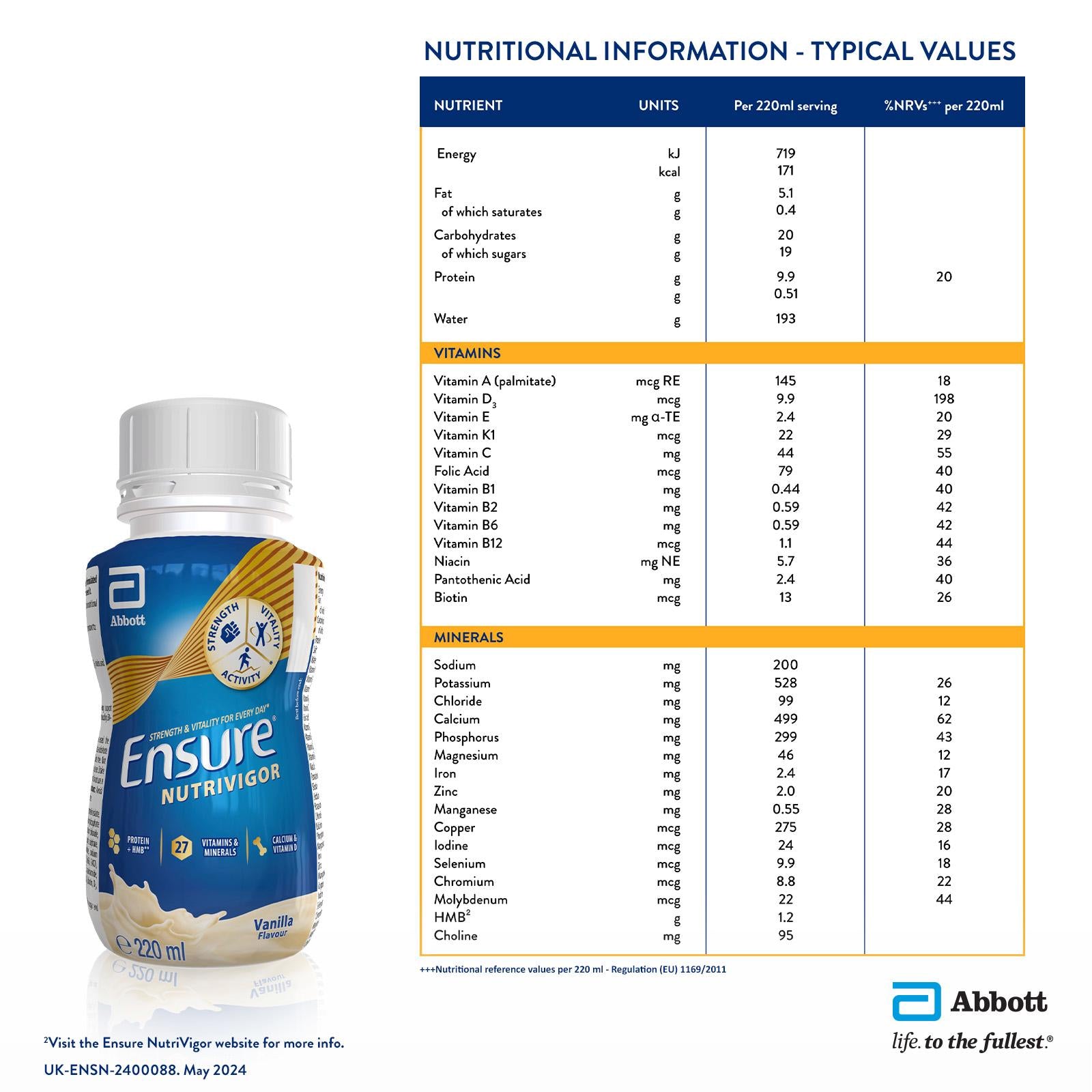 Ensure Nutrivigor vanilla shake 220ml, UK version