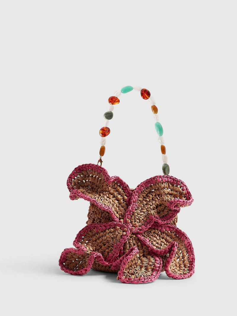 River Island Brown Raffia Beaded Flower Shoulder Bag (British brand)