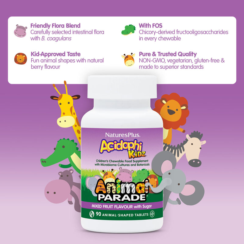 NaturesPlus AcidophiKidz chewable probiotics 90 tablets (British brand)