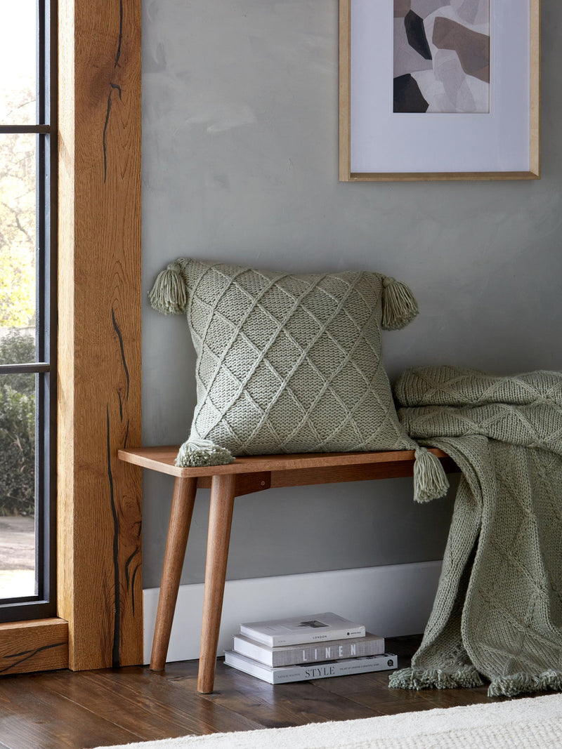 Sage green cushion with tassel trim 50x50cm (British brand)