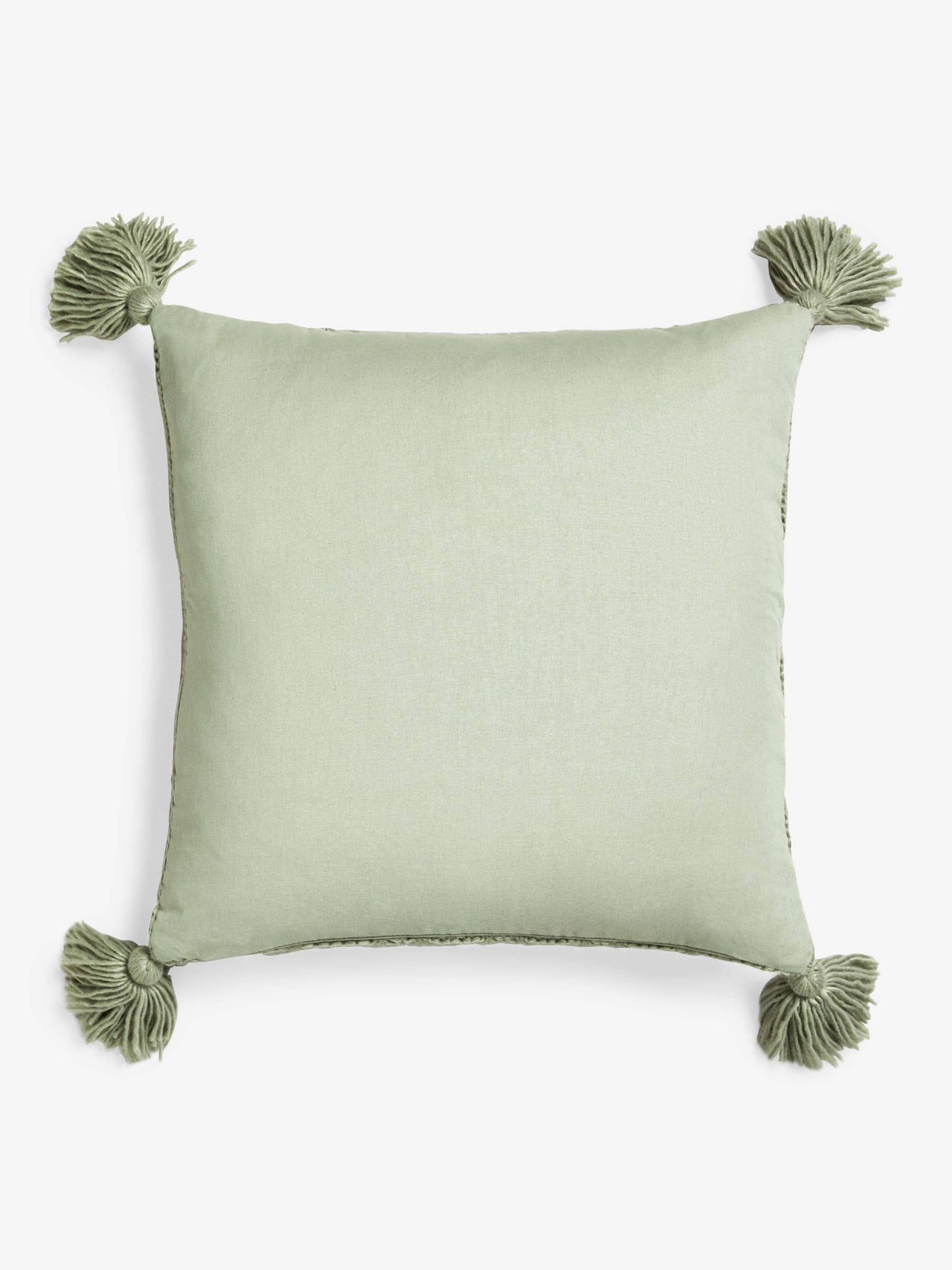 Sage green cushion with tassel trim 50x50cm (British brand)