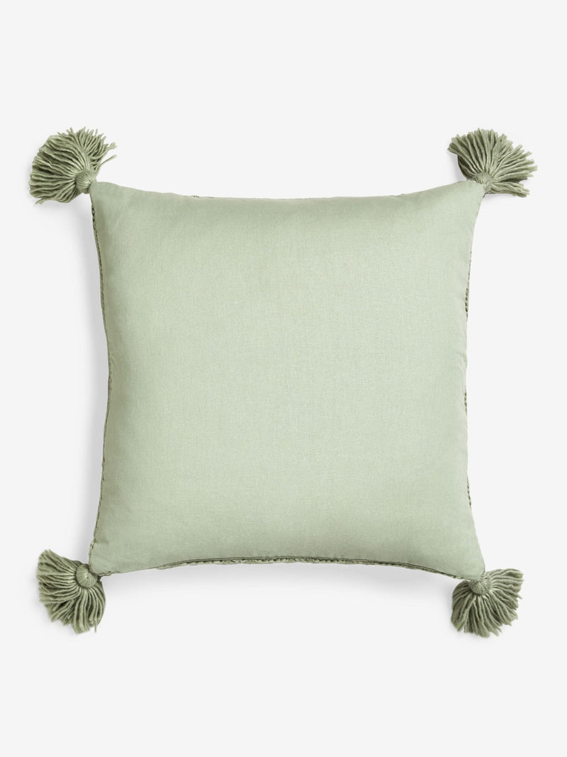Sage green cushion with tassel trim 50x50cm (British brand)