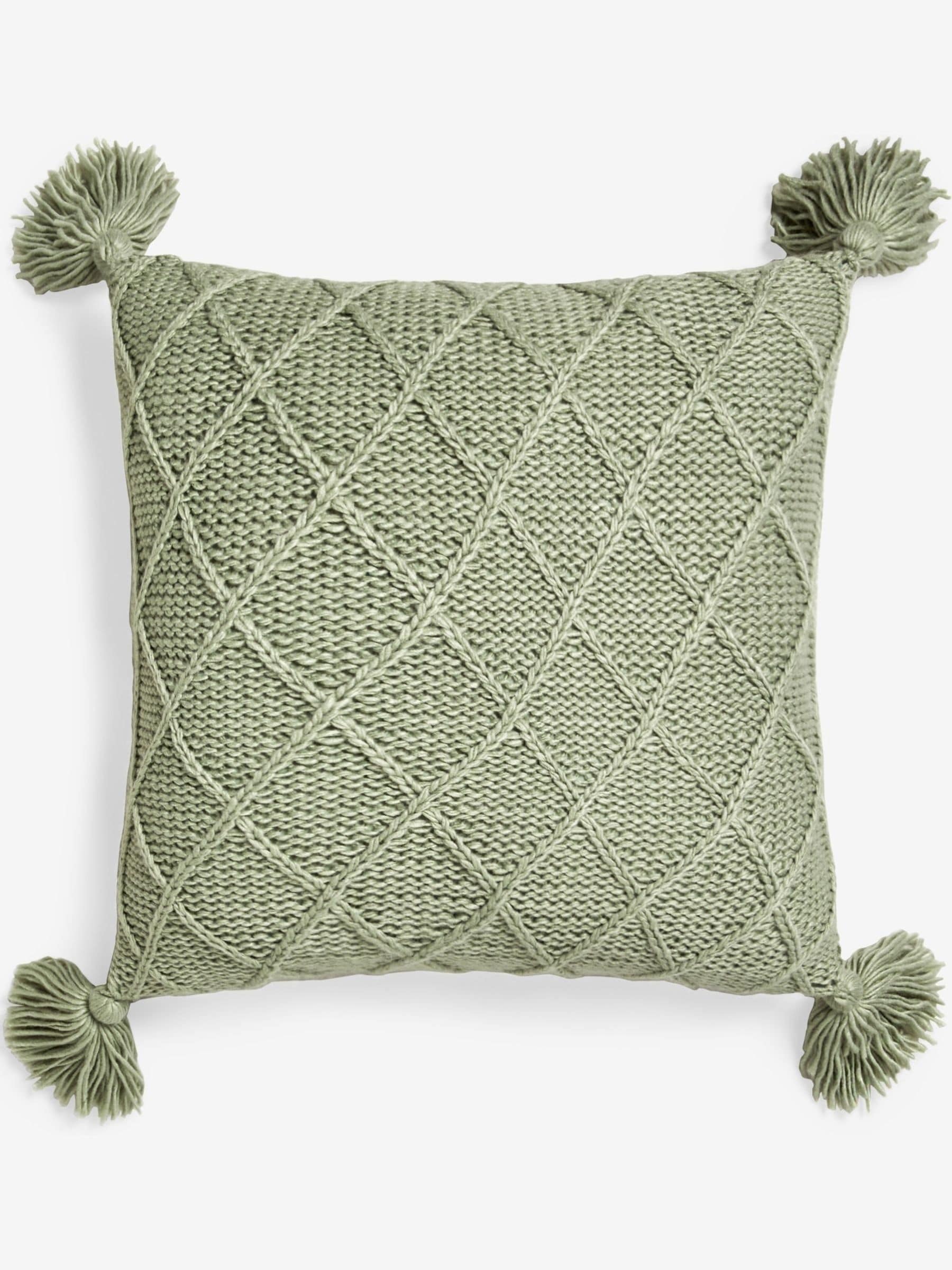 Sage green cushion with tassel trim 50x50cm (British brand)