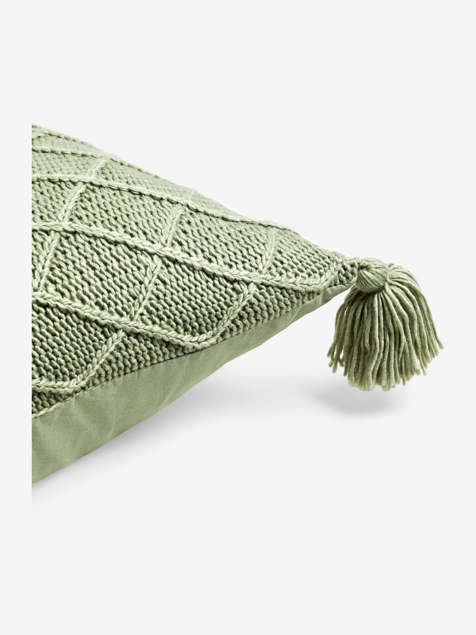 Sage green cushion with tassel trim 50x50cm (British brand)