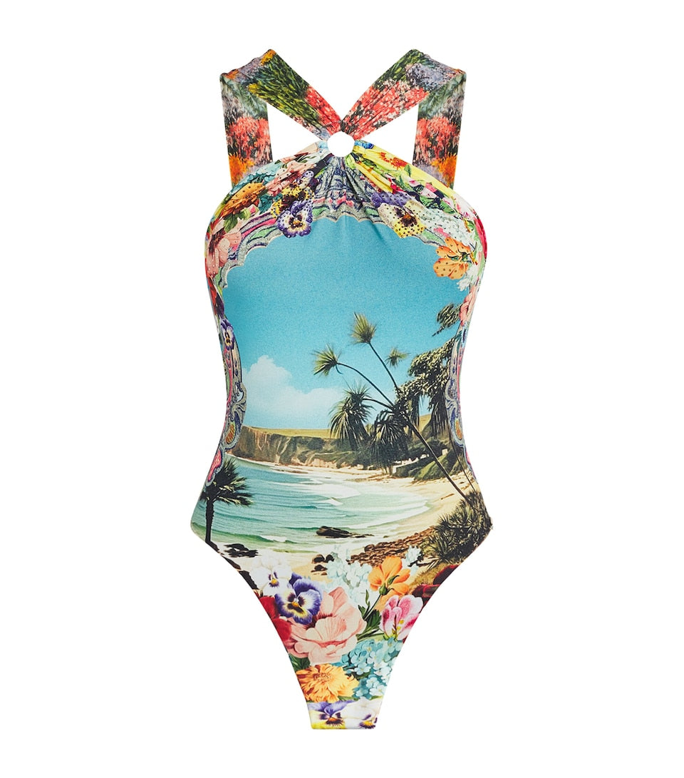 Plunge Neck Swimsuit with All-Over Print in Nylon and Elastane