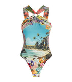 Plunge Neck Swimsuit with All-Over Print in Nylon and Elastane