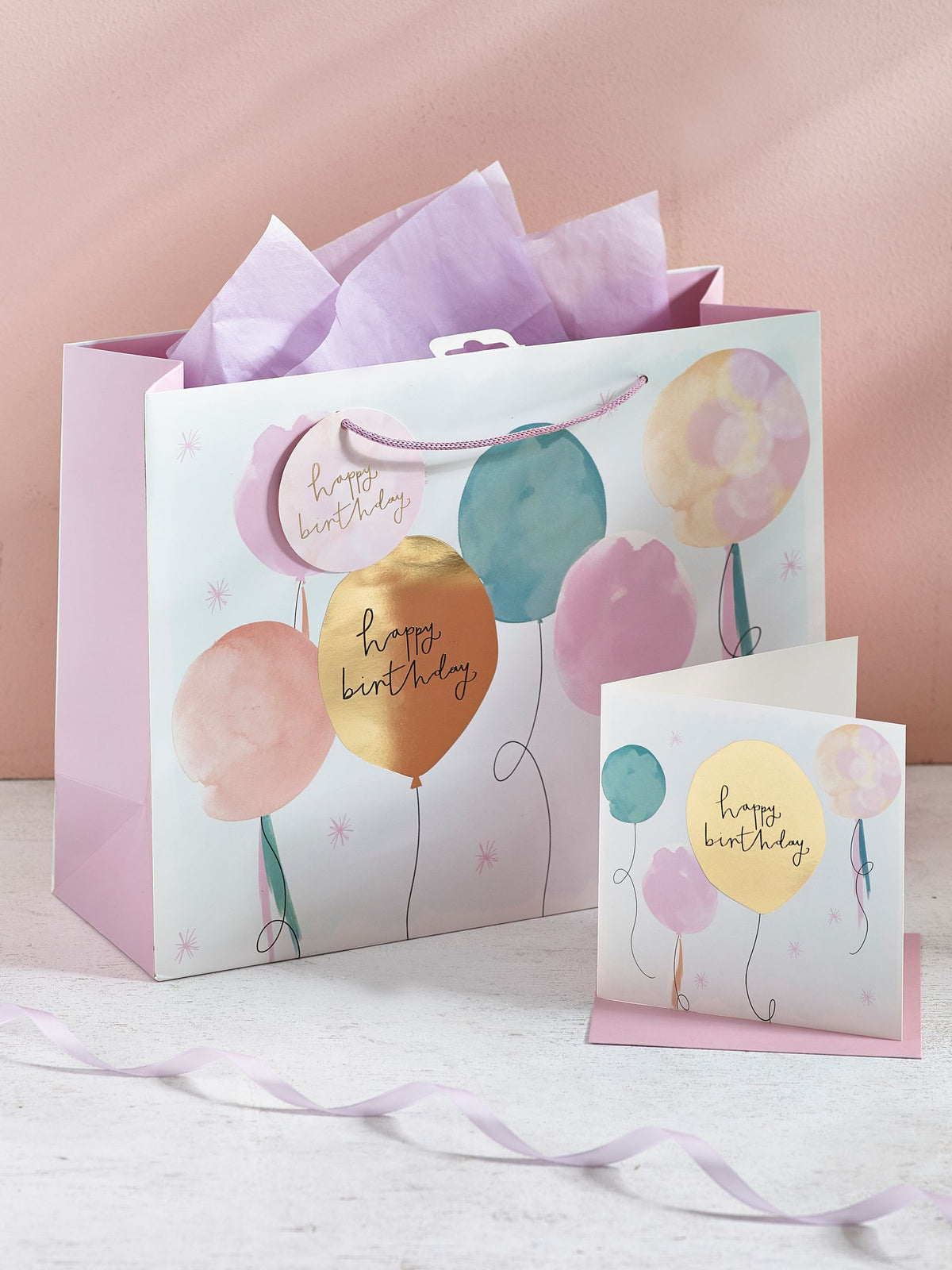 Next pink pastel balloon gift bag and card set, UK version