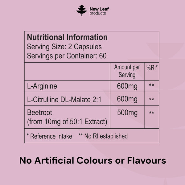 New Leaf L-Arginine & L-Citrulline Complex with Beetroot 120 capsules, UK version