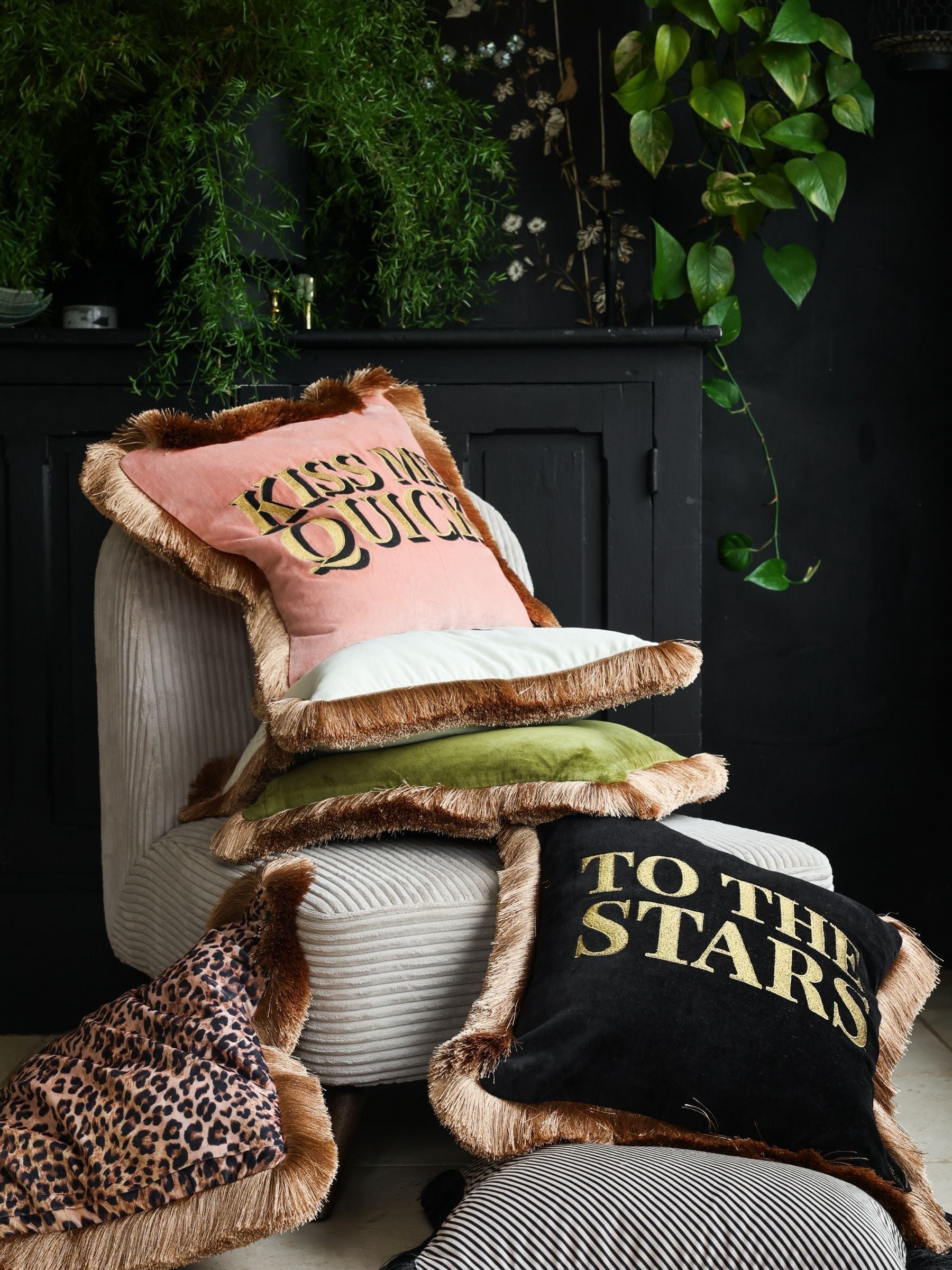 Rockett St George Leopard Love velvet fringe cushion 45x45cm, UK version