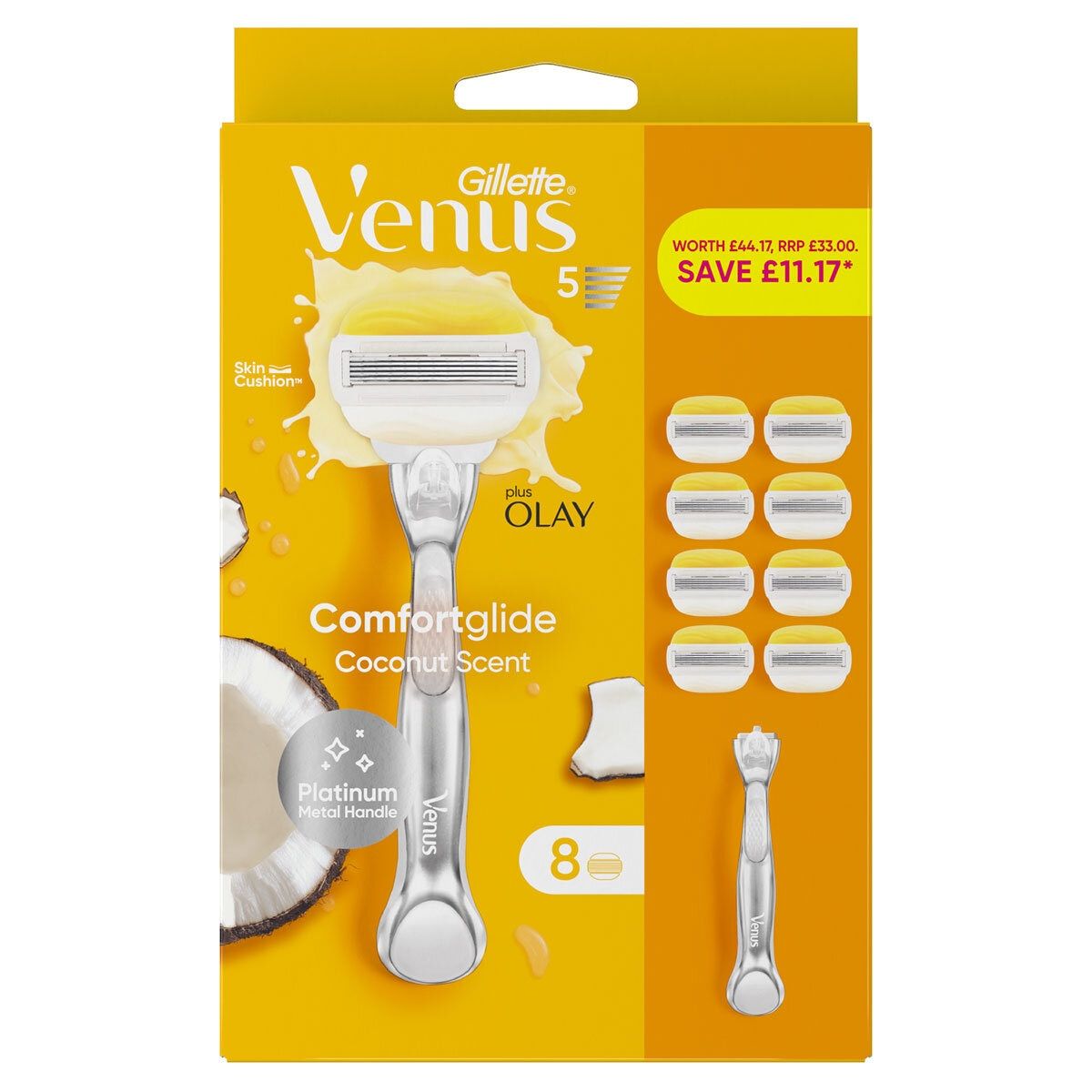 Gillette Venus Comfortglide with Olay, Platinum Metal Handle & 8 Blades GOODS Costco UK