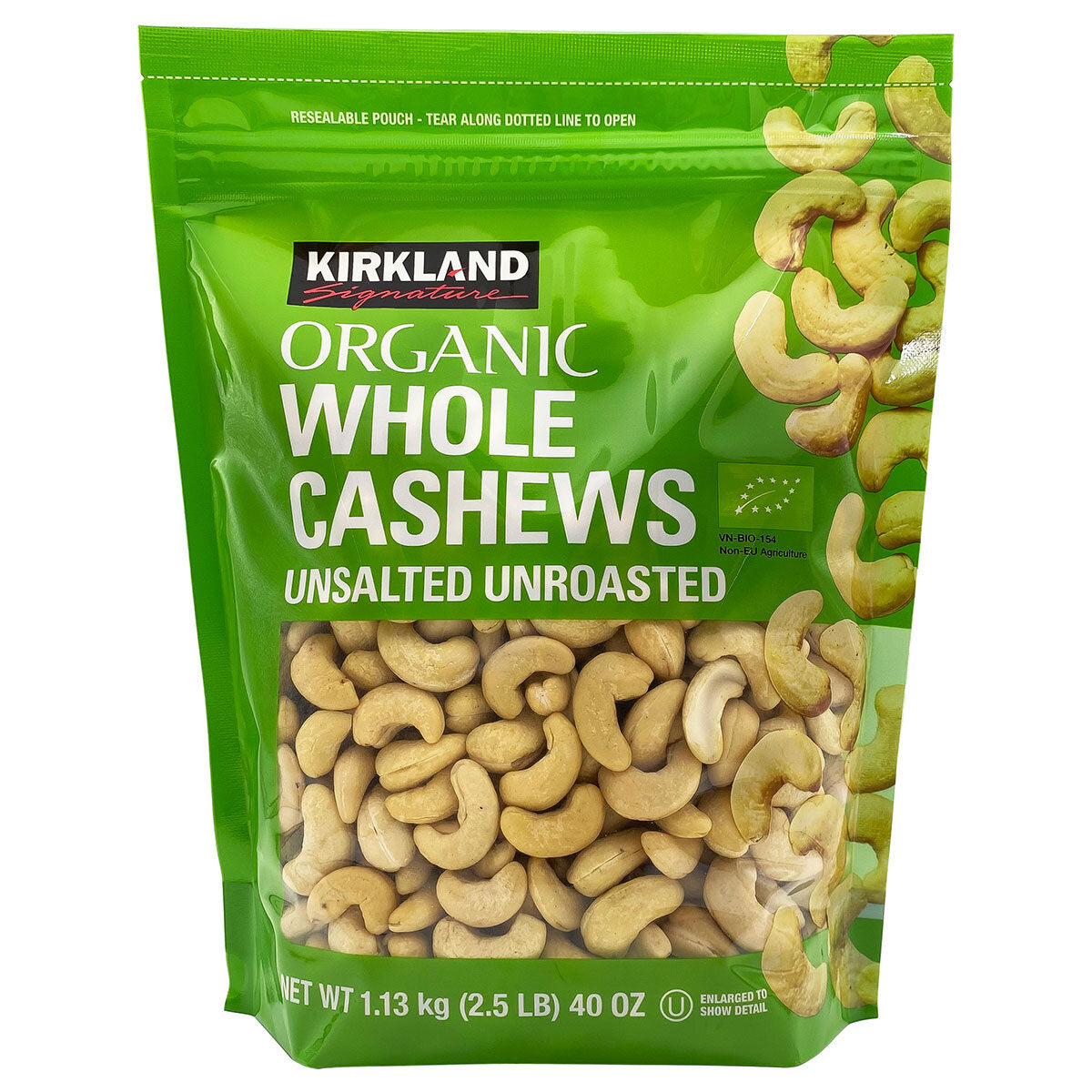 Kirkland Signature organic whole unsalted cashews 1.13kg, UK version